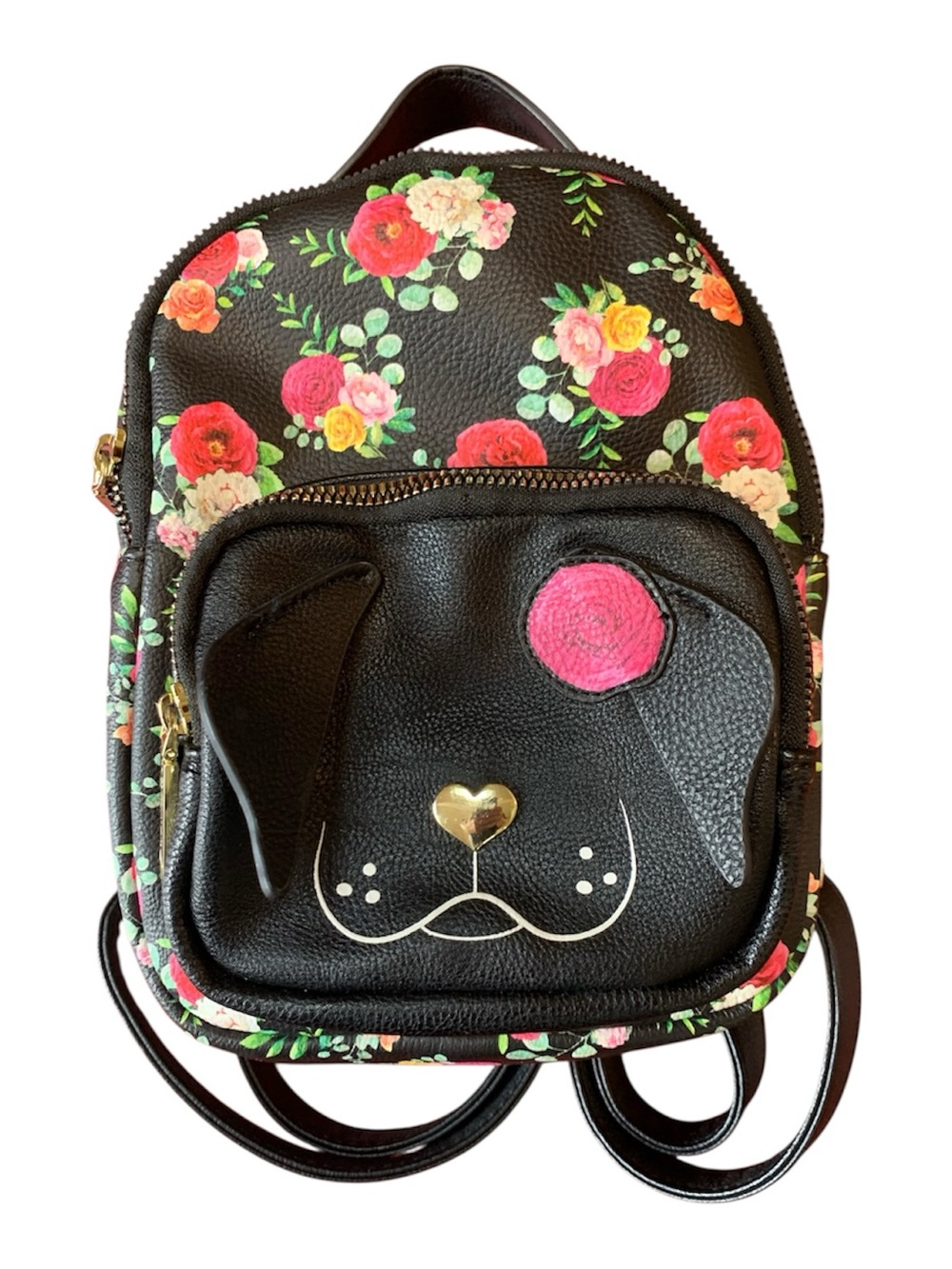Betsey Johnson Black Floral Mini dog Backpack with Pink Rose Accent